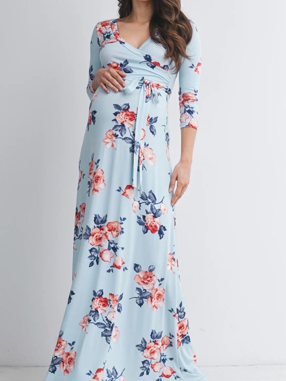 Sky Blue Floral Wrap Maxi Maternity Nursing Dress NEW WITH TAGS
